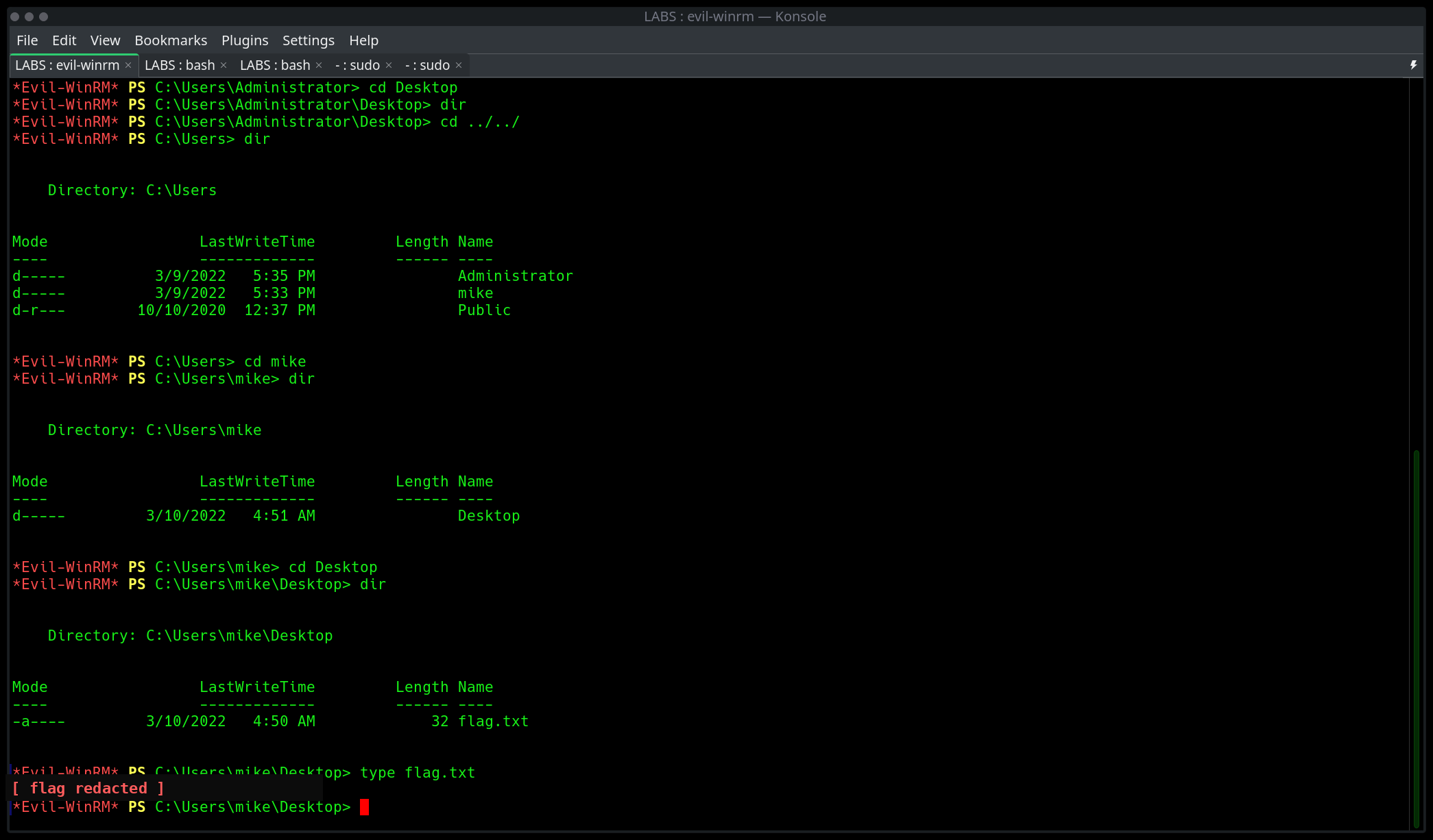 Evil-WinRM session navigating to mike's Desktop and reading the flag