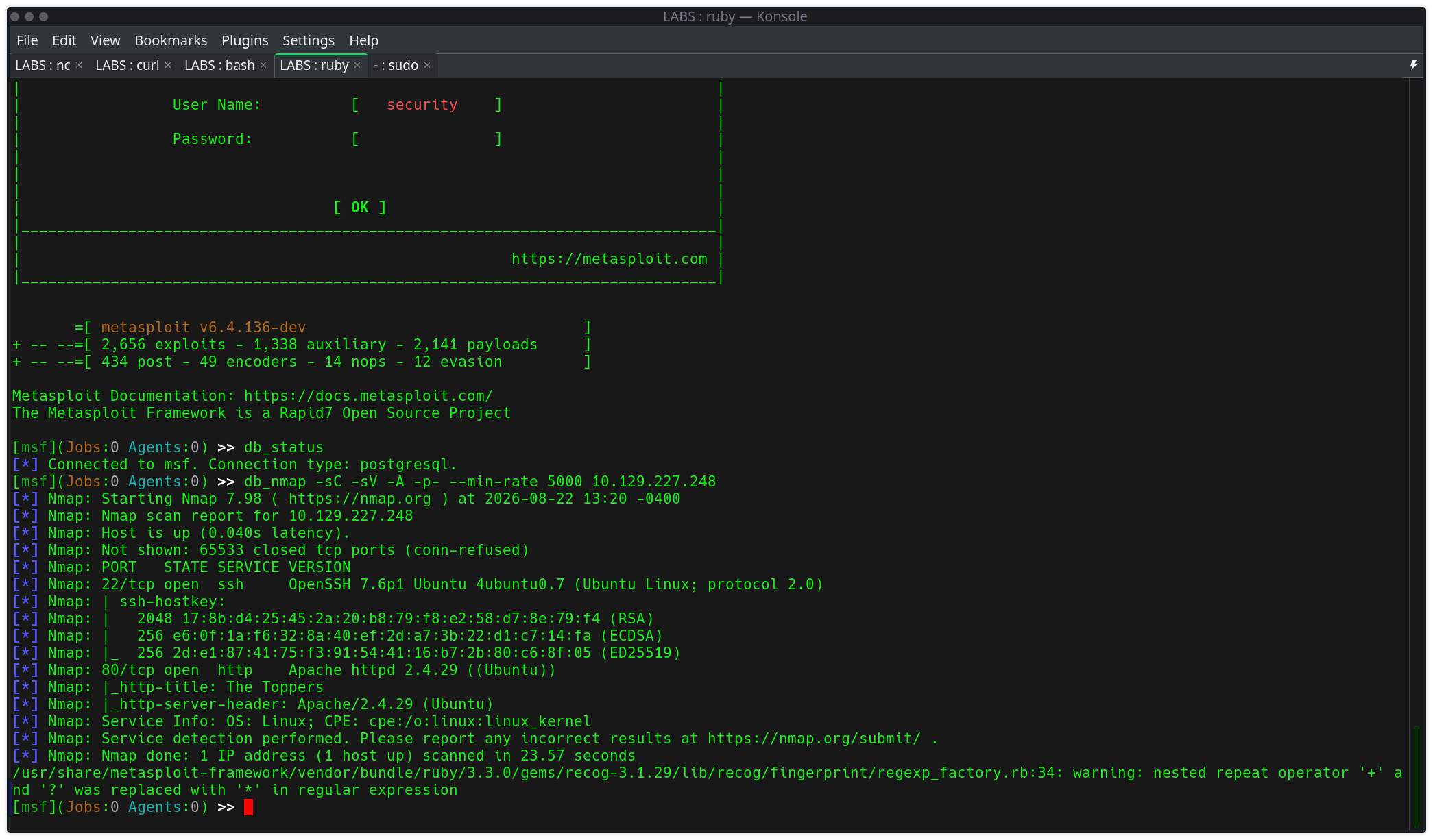 Nmap scan showing SSH and Apache open, page title The Toppers